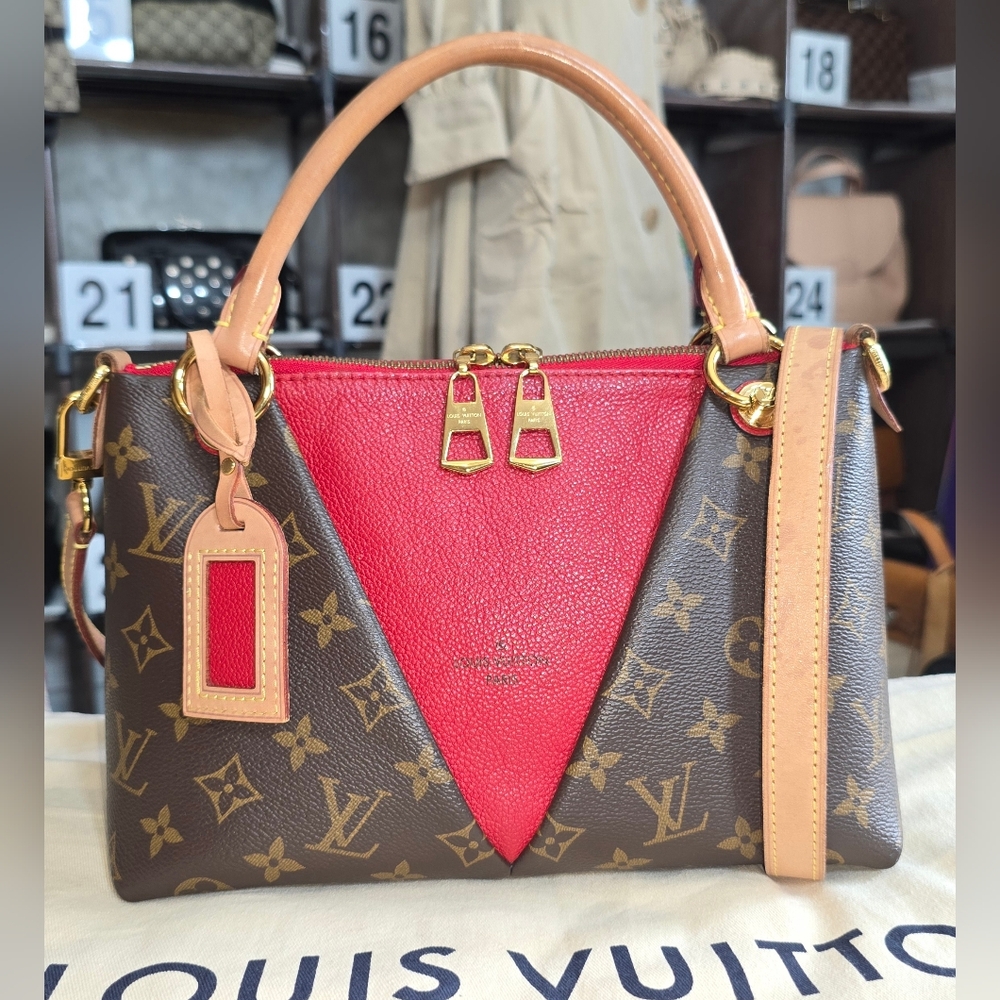 ✨️SOLD✨️Louis Vuitton V Tote BB in Monogram Canvas and Cerise Red leather